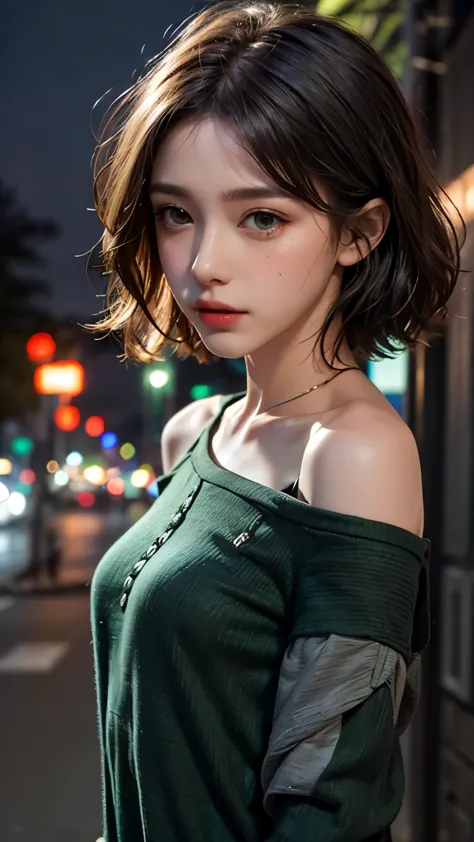 Green clothes、Green and black two-tone hair、highest quality, masterpiece, Ultra-high resolution, (Realistic:1.4), RAW Photos, On...