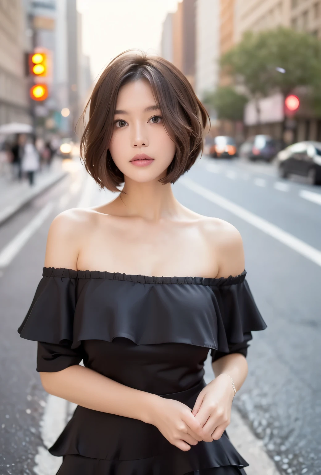 Black Dress posing for photo、Beautiful Asian Girl、Japanese Girls、Cute pale face of a girl、young woman、short hair、Pink Hair、Sakimi-chan、((highest quality、8k、masterpiece:1.3))、concentrate:1.2、Perfect body beauty:1.4、Butt:1.4、((Layered Haircut、Beautiful breasts:1.5))、(Wet clothes:1.1)、(rain、street:1.3)、Off the shoulder、See-through dress;1.3、Bandeau dress:1.1、Highly detailed face and skin texture、Delicate eyes、double eyelid、 White skin、Short brown hair、(shut up:1.3)、rain上がり、(empty rainbow:1.1)、(Black Dress:1.2)、The amazing Manhattan skyline
