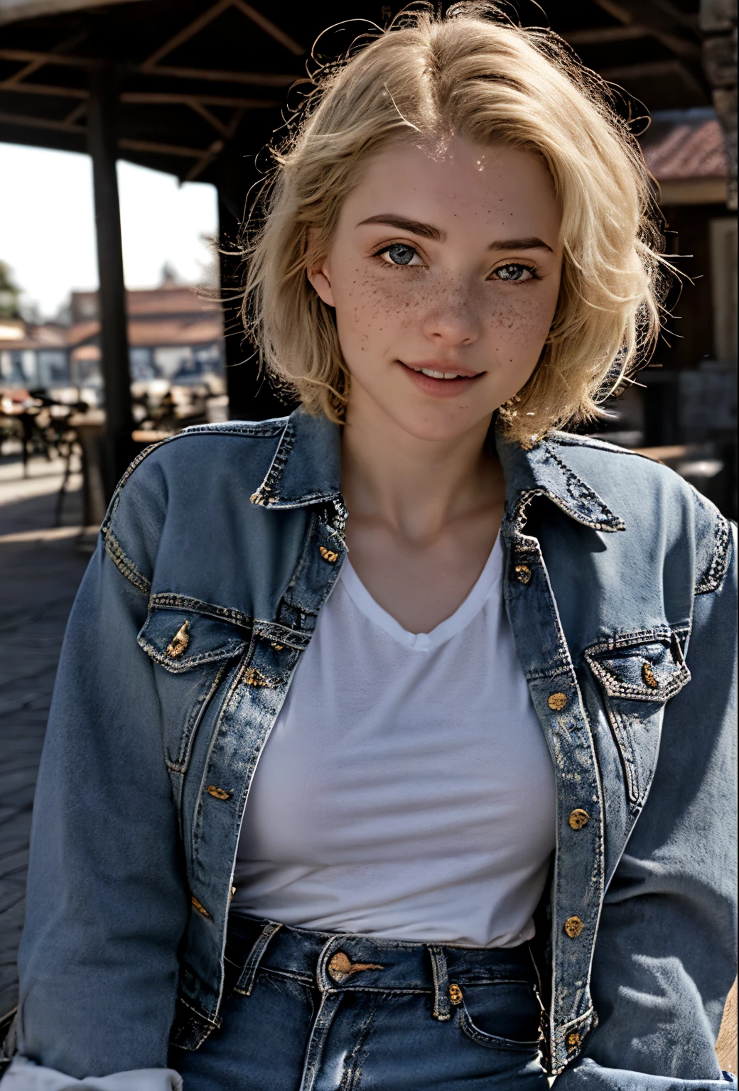 A 21-year-old girl named Kate with short blonde hair, very nice medium breasts, her height is 1.60, white British style, kate is beautiful, angelic face, has light freckles in the nose area, Kate is wearing a light pair of jeans with a denim jacket and a white t-shirt also light colored, Kate is in a beautiful square where he points to the cAeu showing a beautiful sunset at the end of the day