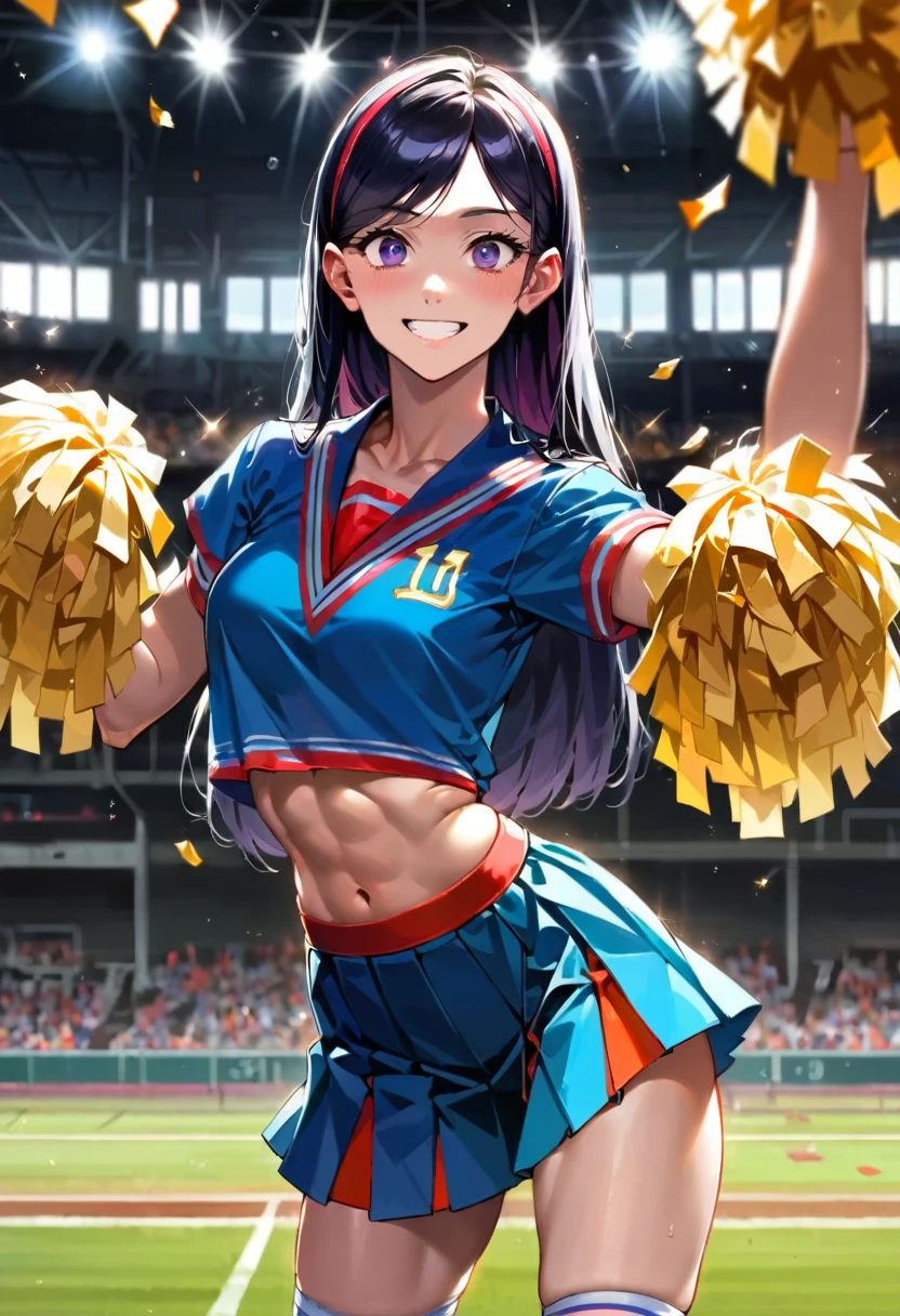 score_9, score_8_up, score_7_up, score_6_up, score_5_up, (high quality, detailed, beautiful), detailed soft lighting, rating_explicit, (upper body, soft skin:1.2), 1girl, Violet Parr, school football field background, beautiful eyes, open eyes, smiling, (cute cheerleader uniform:1.2), (dusk:1.2), (full body portrait:1.2), cheerleading, cheer poses, on school football field, vivid colors, sharp focus, portrait, studio lighting, bokeh, (masterpiece, best quality), (high resolution), perfect face, flawless, professional artwork, artstation, cinematic lighting, beautiful face, beautiful eyes, large eyes, bright eyes, beautiful smile, perfect hands, firm abs, anatomically correct, perfect anatomy.