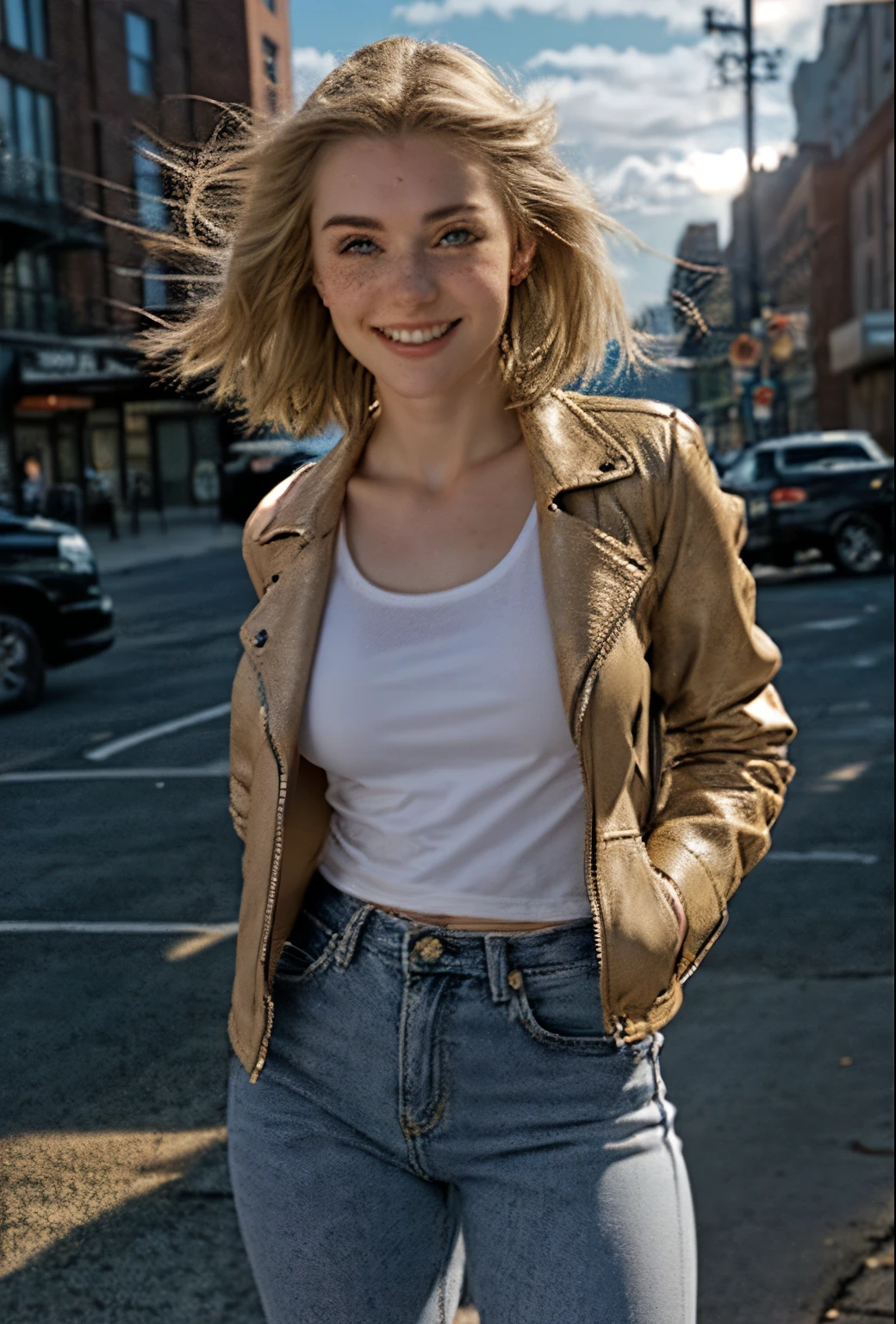 A 21-year-old girl named Kate with short blonde hair, very nice medium breasts, her height is 1.60, white British style, Kate is beautiful, angelic face, has light freckles in the nose area, Kate is wearing a beige leather women's jacket with a white shirt, kate wears a very light pair of jeans with white sneakers,  Kate is on the streets of New York at dusk, Kate is very happy because she loves New York 