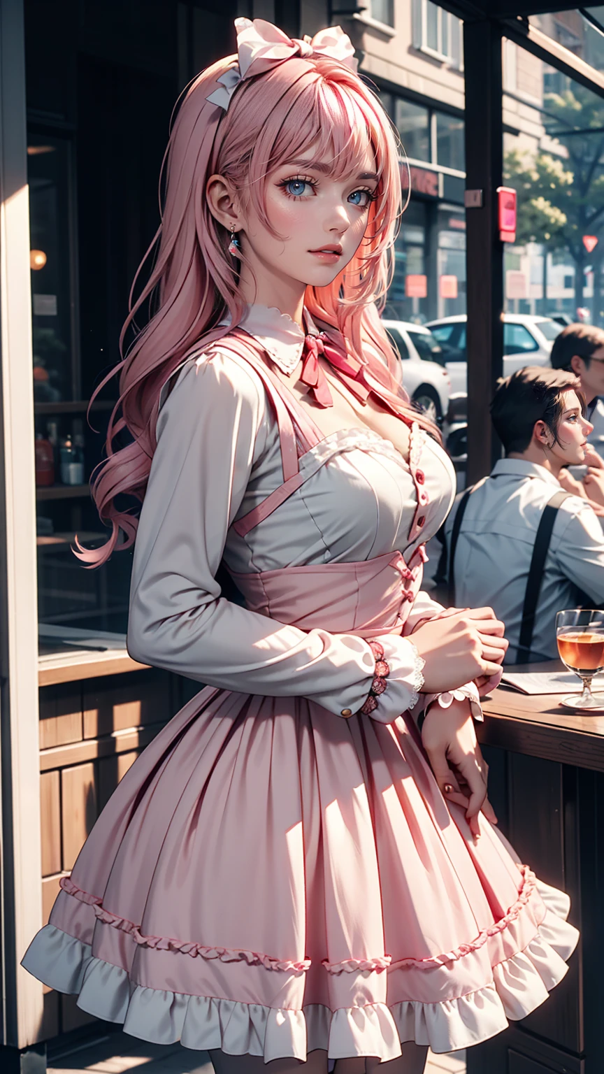 Eine sehr zarte und süße Frau mit rosa Haaren und einem Lolitakleid. 8K Ultra HD, Zarte Textur