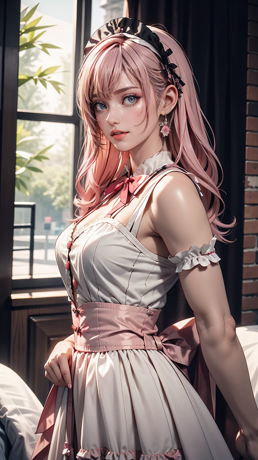 Eine sehr zarte und süße Frau mit rosa Haaren und einem Lolitakleid. 8K Ultra HD, Zarte Textur