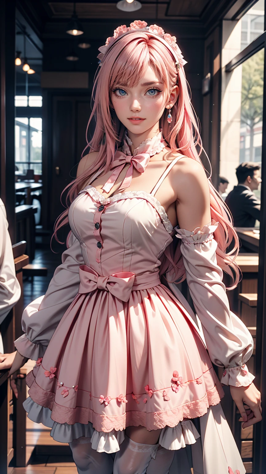 Eine sehr zarte und süße Frau mit rosa Haaren und einem Lolitakleid. 8K Ultra HD, Zarte Textur