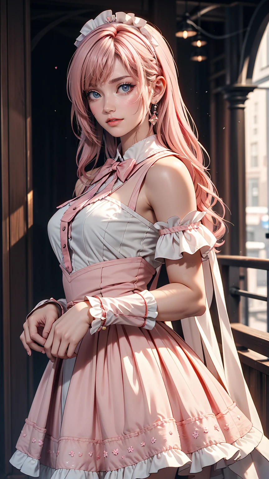 Eine sehr zarte und süße Frau mit rosa Haaren und einem Lolitakleid. 8K Ultra HD, Zarte Textur