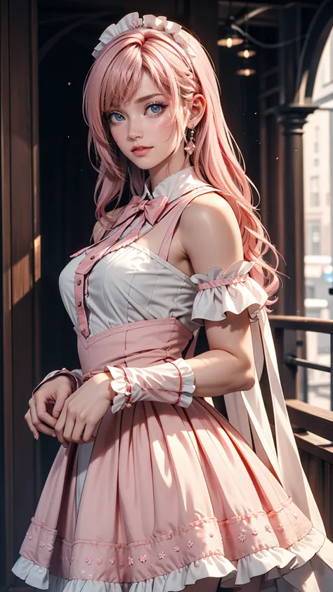 a very delicate and cute woman with pink hair and a lolita dress. 8k ultra hd, delicate texture