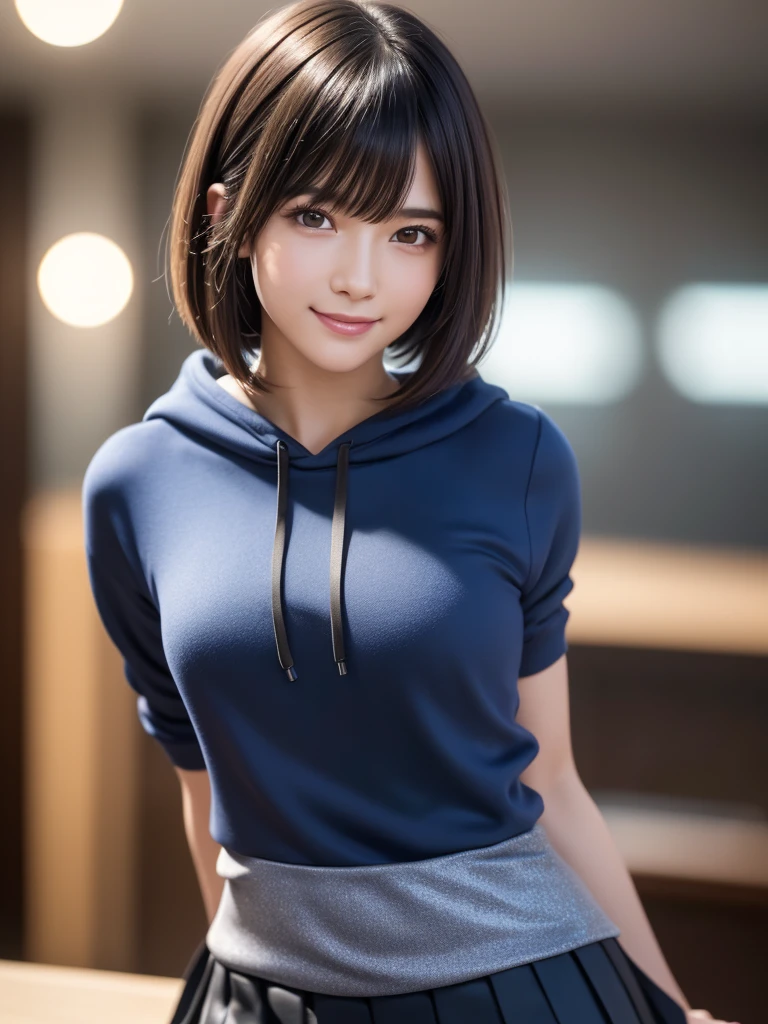 (8k, RAW Photos, highest quality, Tabletop:1.2), (Realistic, Photorealistic:1.4), (Highly detailed 8k wallpaper), Sharp focus, Depth of written boundary, Blur the background, Bokeh, Cinema Lighting, Soft Light, whole body, 1 girl,18 years old famous Japanese idol, Perfect female body, indoor, (Blue hoodie and black micro mini pleated skirt : 1.3), (Long, slender legs), (smile), Glossy lips, Beautiful fine details,Natural Makeup, Shiny and smooth light brown short bob hair, Asymmetrical bangs, Shiny skin, Center image, High resolution, Attention to detail, Detailed hairstyle, Detailed face, 素晴らしいCinema Lighting, Octane Rendering, Vibrant, Ultra-realistic, Perfect limbs, Perfect Anatomy