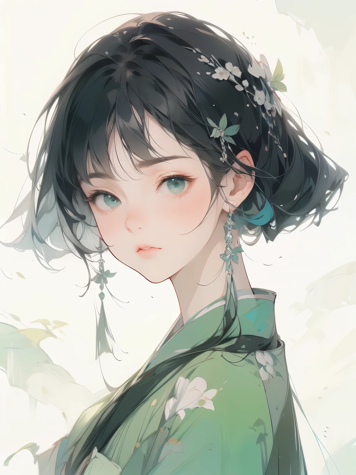 Girl avatar，Short and delicate hair，By Bangs，earring，green roof，dark flowers，Clean background，White background，(Dramatic, Perseverance, intense:1.4),masterpiece, best quality, 32k UHD, Crazy details, Intricate details, Extremely detailed, Ultra-high quality, High Detail, Super detailed, masterpiece,,A new concept for YSSK,Meiji Art, Valentine Hugo, Loish, Amanda Sage，,