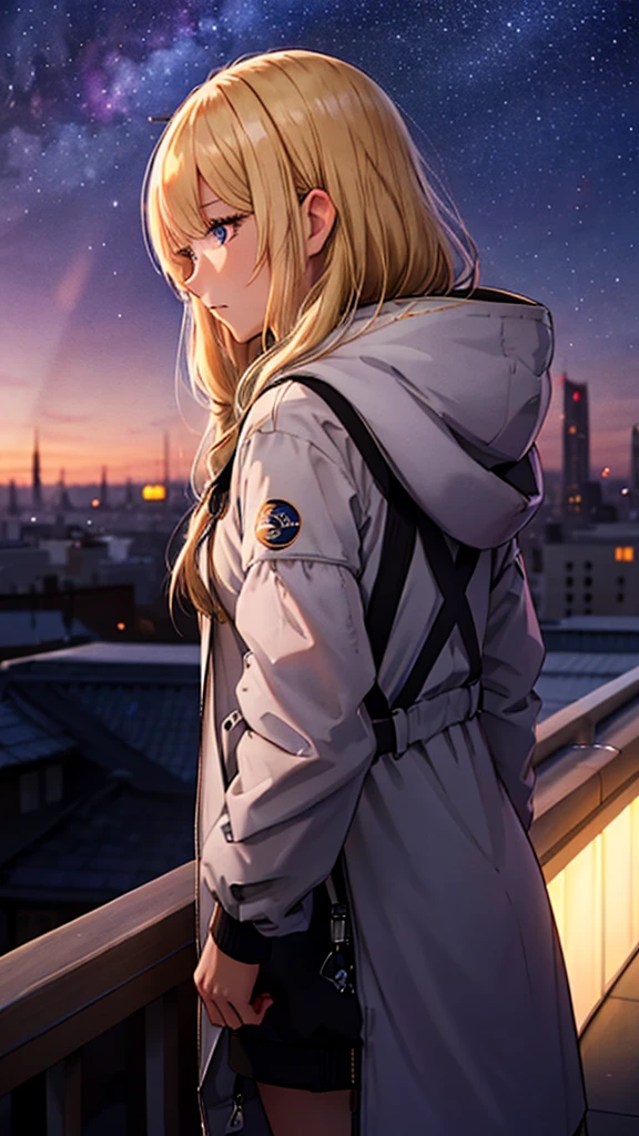 １Menschen々々々々々々々々々々々々々々々々,Blonde langhaarige Frau，Parka mit Kapuze， Kleid Silhouette， Rückansicht，Weltraumhimmel, Komet, Anime-Stil, Nachtansicht der Stadt vom Dach，Eine Lichtsäule, die sich in den Raum erstreckt，