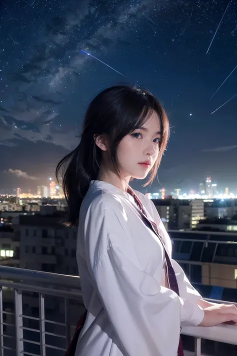 anime girl standing on rooftop looking at night sky with stars, anime wallpaper 4k, anime wallpaper 4 k, 4k anime wallpaper, ani...