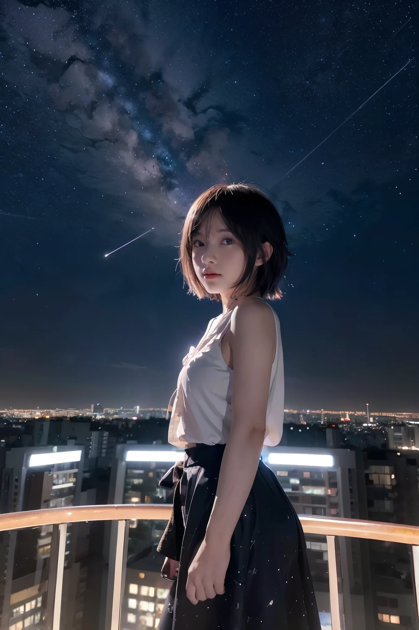 anime girl standing on rooftop looking at night sky with stars, anime wallpaper 4k, anime wallpaper 4 k, 4k anime wallpaper, anime art wallpaper 8 k, anime art wallpaper 4k, anime art wallpaper 4 k, anime style 4 k, makoto shinkai cyril rolando, 4 k manga wallpaper, anime wallpaper, amazing wallpaper, shooting stars