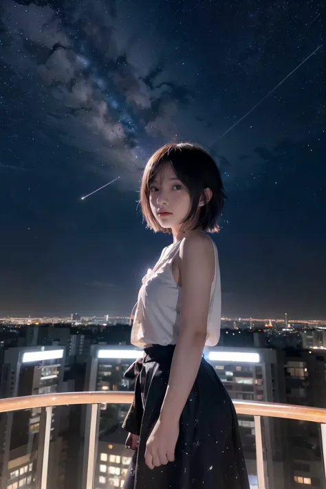 anime girl standing on rooftop looking at night sky with stars, anime wallpaper 4k, anime wallpaper 4 k, 4k anime wallpaper, ani...