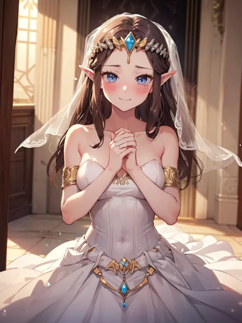 ((wedding dress)),(((smile))),half naked,((embarrassed look)),crying face,blushing,princess zelda, ((highest quality)), (very de...