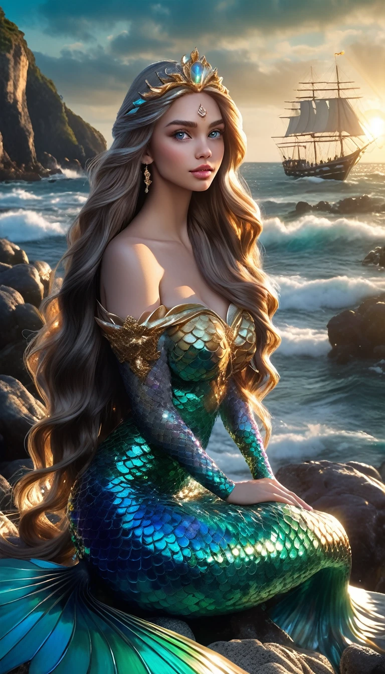 美麗的人魚公主坐在岩石海岸上, 飄逸的長髮, 詳細的臉部特徵, 迷人的眼睛, 优雅姿态, 陽光照在她的皮膚上閃閃發光, 平靜的表情, 她周圍的其他美人魚, 令人驚嘆的詳細海洋景觀, 远方的帆船, 戲劇性的燈光, 鮮豔的色彩, 电影角度, 逼真的, 8K, 傑作