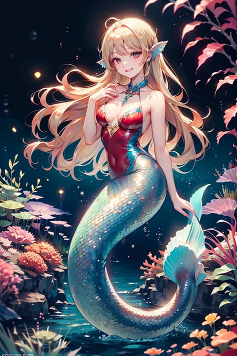 (​masterpiece),(top-quality:1.2),(perfect fingers:1.3),(correct hands:1.3),(1 Mermaid girl),(beautiful red scale),red swimsuit,f...