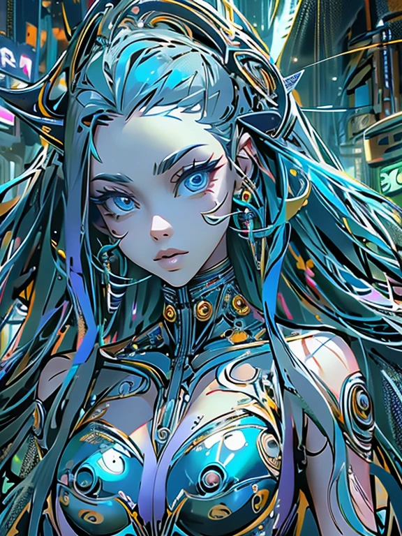 cyberpunk anime, cinematic, UHD CGI, dynamic view, cyborg mermaid princess, long metallic blue hair, angelic face, intense blue eyes, curvaceous torso, cybernetic arms and long fish tail, swimming majestically through a hyper futuristic Atlantis,