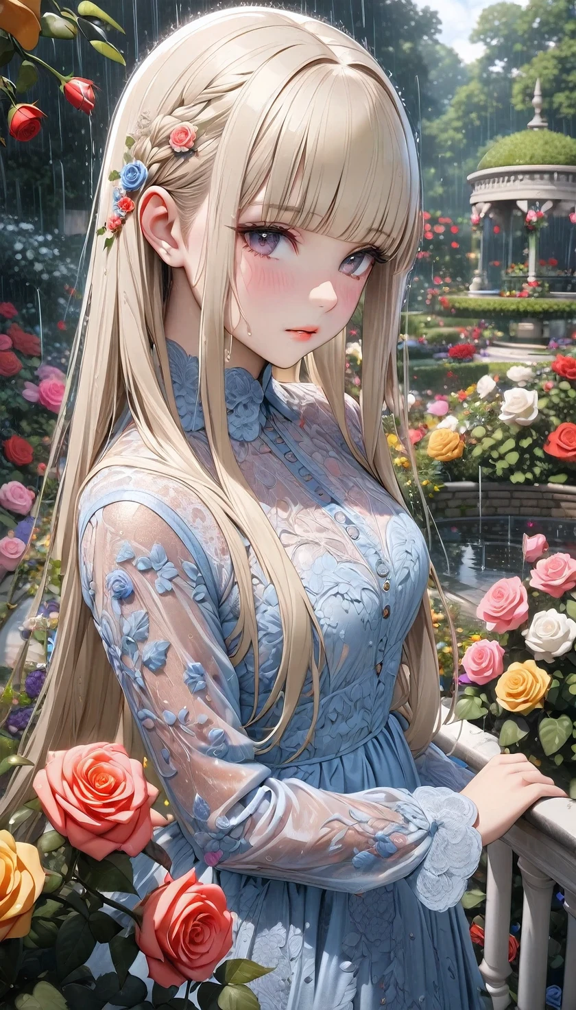 raw photo:1.2, masterpiece, highest quality, 16k, unbelievably absurd, very detailed, perfect beauty, beautiful cute girl, platinum blond long hair, flowing straight hair, blunt bangs, long  sideburns, wet hair, intricately embroidered lace dress, ultra-realistic:1.8, vibrant colors, roses in the english garden, gently rain, view above, intricately illustration