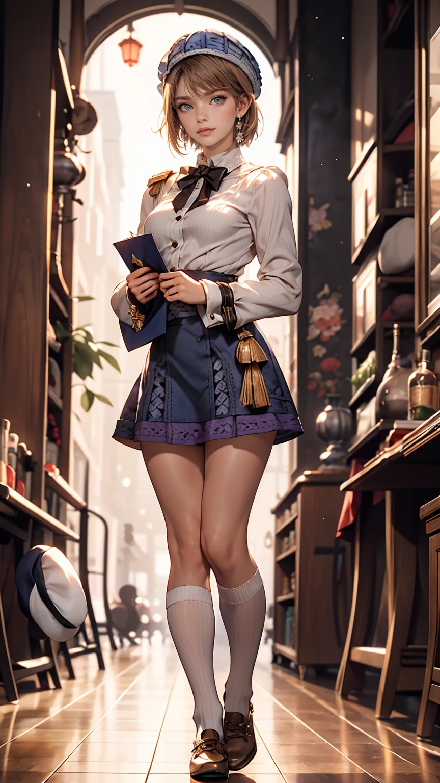 (iwanagadress:1.2), (iwanagakotoko:0.9),(beret:1.8), Kotoko Iwanaga, One girl, beret, black bow, blue skirt, bow, Brown footwear, Cane, dress, hair bow, Have, Holding, Holding Cane, Juliet Sleeve, Light brown hair, Long sleeve, View Viewer, petticoat, Puffy sleeves, Purple eyes, short hair, skirt, alone, Thigh straps, Knee socks, white dress, White Hat, white Knee socks, kyokou suiri