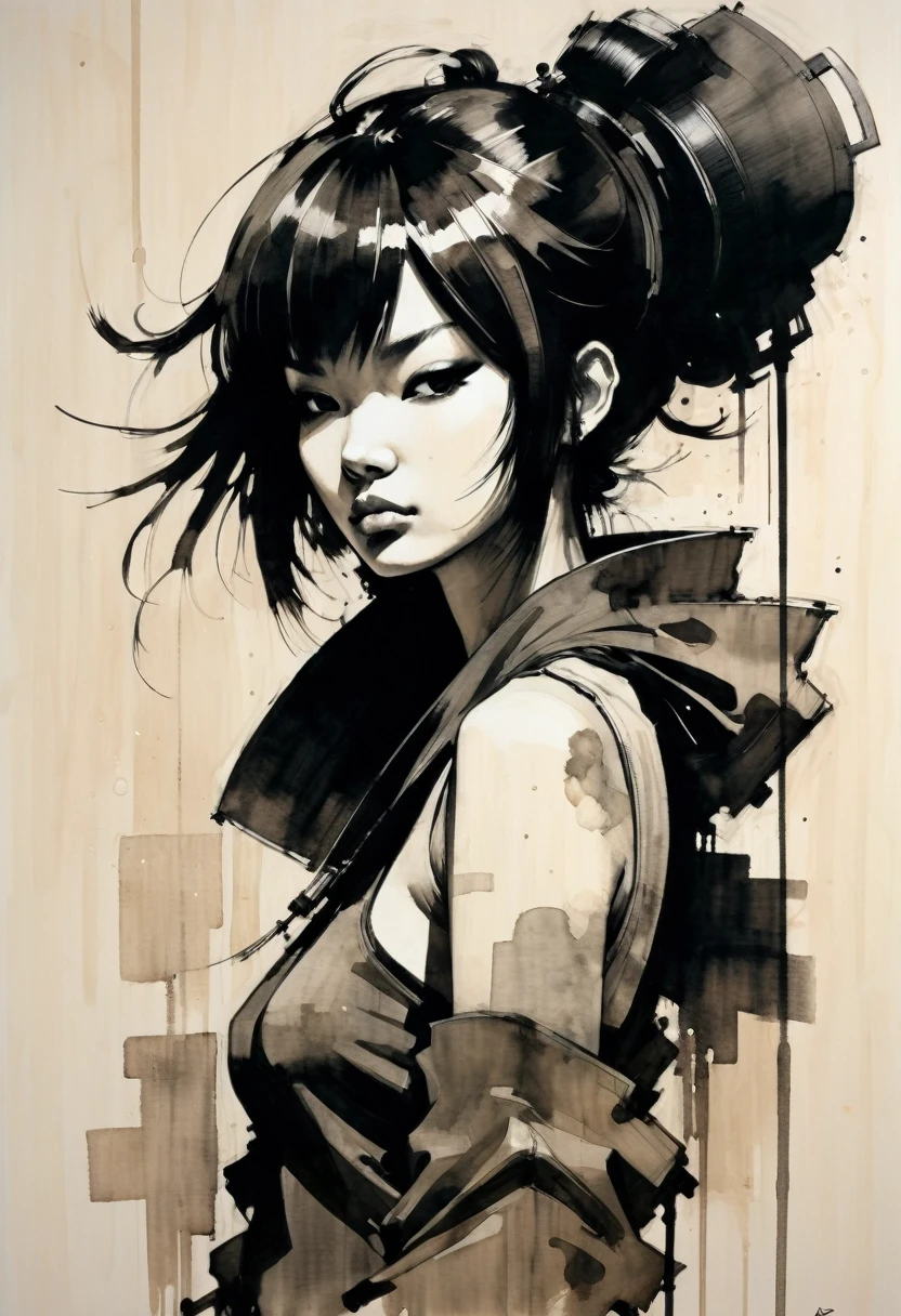 uma pintura de uma mulher em nanquin, (ink drawing), ((Ashley Wood style)), uma mulher, cabelos ao vento