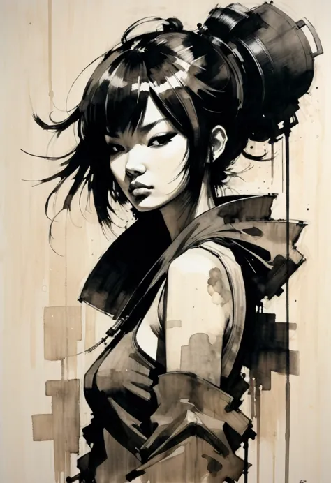 uma pintura de uma mulher em nanquin, (ink drawing), ((ashley wood style)), uma mulher, cabelos ao vento