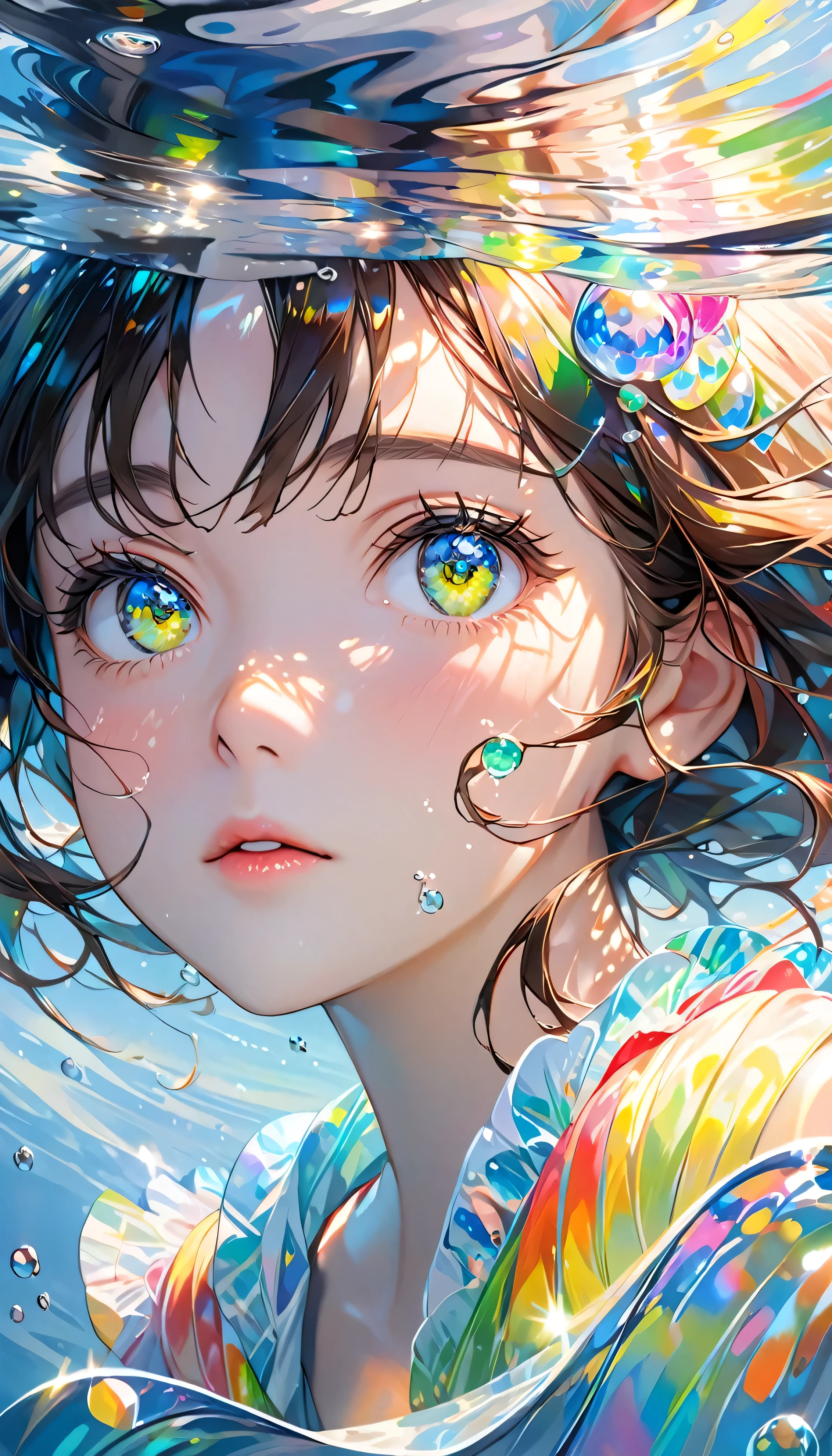 Girl swimming underwater,Ultra-detailed rendering style,shine,yellow,green,brush,ultrarealism oil painting,Shining eyes,Head close-up,exaggerated perspective,Tyndall effect,Water Drop,Pearl oyster rainbow color,Holographic white,black background,