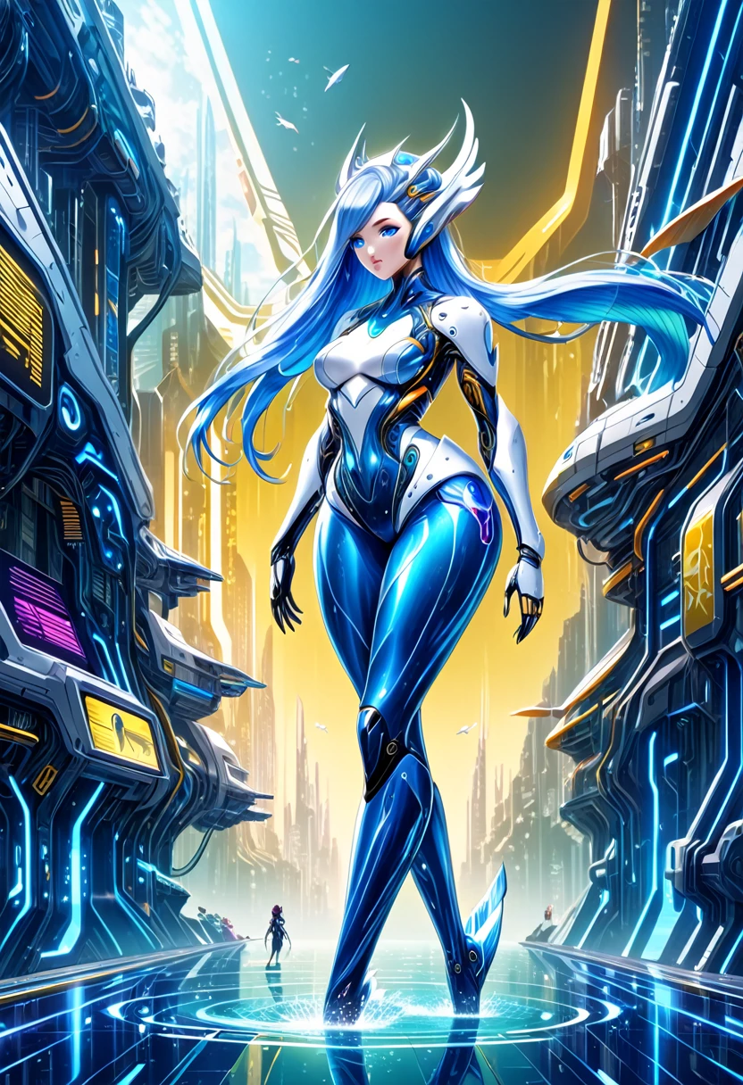 cyberpunk anime, cinematic, CGI UHD, full body, dynamic view, cyborg mermaid princess, long metallic blue hair, angelic face, intense blue eyes, curvaceous torso, cybernetic arms and fish tail, swimming majestically through a hyper futuristic Atlantis,