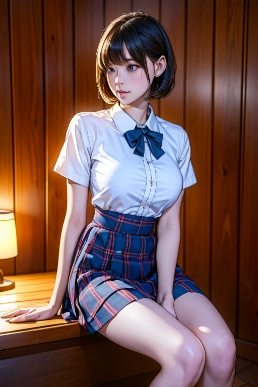 school girl sit in Sauna room , steam , waistband of skirt is at the point above chest , plaid skirt , pleated skirt , Tight shirt , white Shirt , school girl , skirt under breasts , skirt is near breasts area , skirt is adjacent to the chest , (hig彼st quality、8k、32k、masterpiece)、(Realistic)、(Realistic:1.2)、(High resolution)、Very detailed、Very beautiful face and eyes、1 girl、Delicate body、(hig彼st quality、Attention to detail、Rich skin detail)、(hig彼st quality、8k、Oil paint:1.2)、Very detailed、(Realistic、Realistic:1.37)、Bright colors、Full Body Shot, (high school girl:1.6,, Long pleated skirt in dark blue, tie), short hair , bow knot