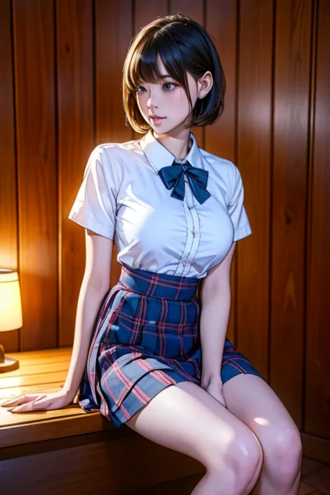 school girl sit in sauna room , steam , waistband of skirt is at the point above chest , plaid skirt , pleated skirt , tight shi...