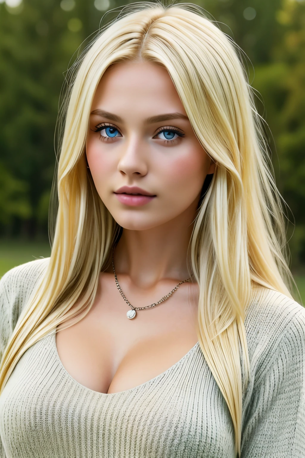 One Girl, 19 years old, alone, Long Hair, huge , View Viewer, Blonde, Small Bust, Detailed eyes, Upper Body, necklace, sweater, Outdoor, Realistic, sexy