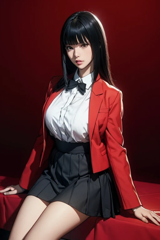 sit in tropical rainforest , steam , waistband of skirt is at the point above chest , Tight shirt , white Shirt , school girl , skirt under breasts , skirt is near breasts area , skirt is adjacent to the chest , jabami yumeko, black hair, long hair, blunt bangs , red jacket, shirt, black skirt , big breasts , pikkyyumeko pikkyyumeko, 1girl, solo, looking at viewer, black hair, bangs, blunt bangs, long hair, very long hair, hime cut, red eyes, glowing eyes, breasts, large breasts, , shirt, red jacket, jacket, white shirt, collared shirt, lips, blazer, black pantyhose, mary janes,  full body,