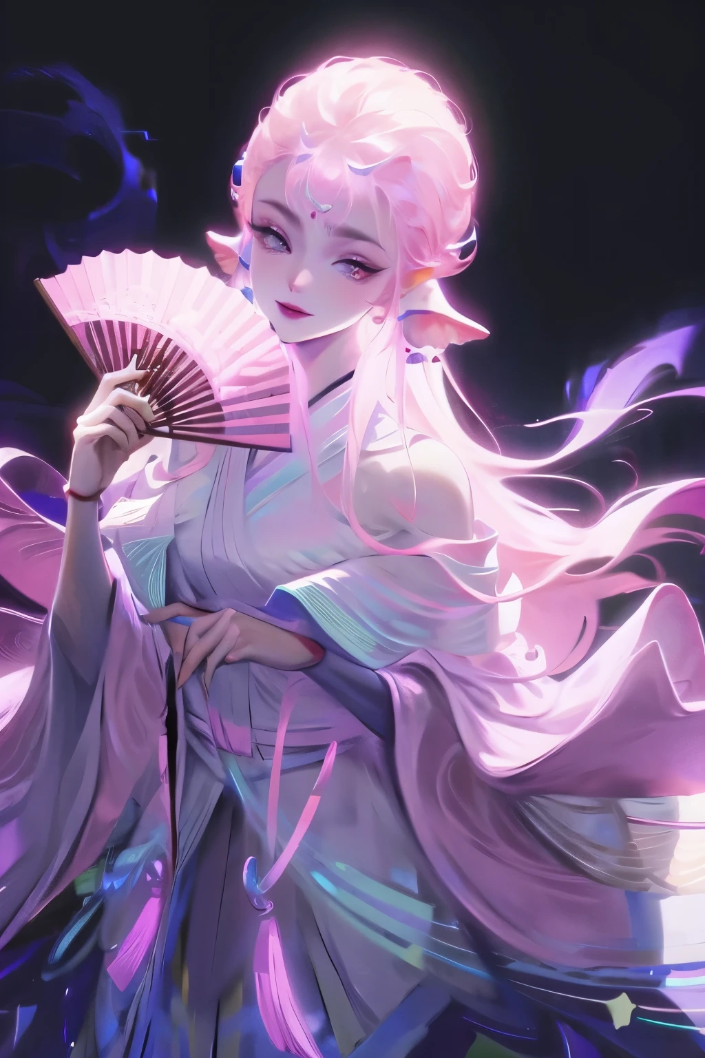 high frequency: 1.8, Rich details, masterpiece, 8K, Beautiful priestess in pink shirt standing in front of fire, Dance, Hand waving fan, Fan on fire