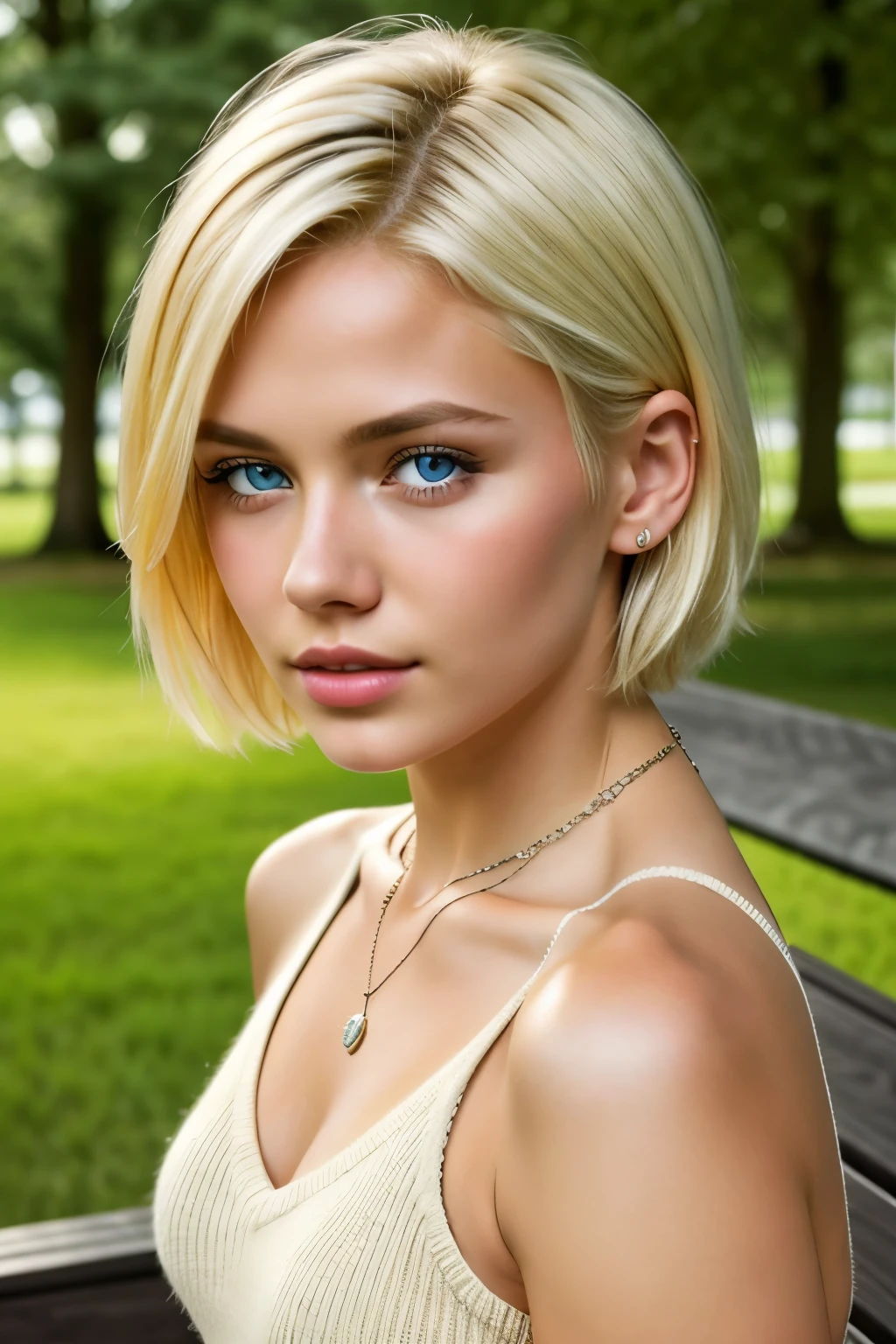 One Girl, 19 years old, alone, View Viewer, Blonde, short hair, Small Bust, Detailed eyes, Upper Body, Sit on a bench, necklace, V-neck sweater, Outdoor, Realistic, sexy, Arms between legs