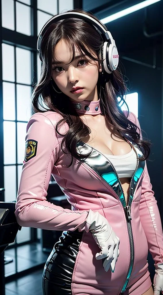 Top quality, Ultra HD, (Backlight), (Reality: 1.4), (front Photo:1), 1 beautiful girl, (Korean Idol), Delicate face, (hairstyle: pink的:1, Full Explosion, Wavy Hair:1), Contrasting, Perfect anatomical structure, muscular:0.5, curls, Natural Lighting, ((Put on a futuristic police racing suit, badge, High-tech headphones, Military wiring harness, Racing gloves, pistol)), outside honey curlsstyle, (Fabric color: Silver、pink、black、Mainly white), (background, crashed abandoned machine, smokes, Interior space),