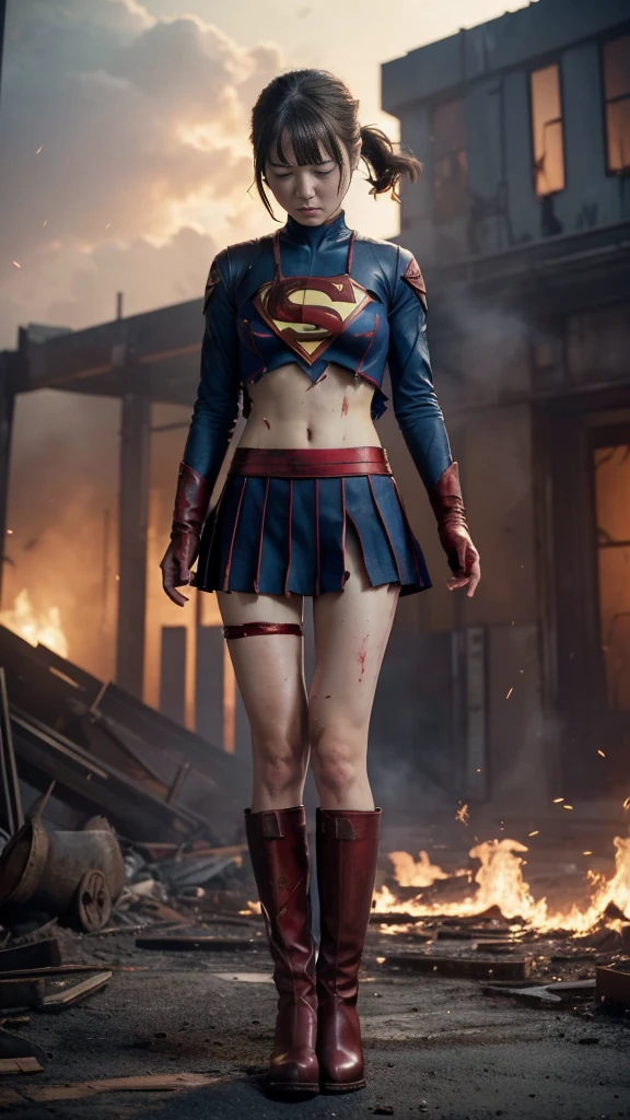 best quality，masterpiece，ultra HD, Super detailed, 8K，(Beautiful woman)，(A Beautiful Woman)，((suffering:1.5))，(((cross)))，(execute)，((incontinence))，scared，，，((Woman suffering at the cross：1.5)),Suffering，((Super Girl:1.5))，Blue Suit，Superman logo on chest，Red Skirt，Red boots，((torn clothing：1.5))，((Clothes torn：1.5))，(Ragged clothes：1.5)，Eat crow，顔にTraces of beating，((There are bruises on the body))，Scars on the body，Injuries to the face and body，(contusion, dirty, Torn clothes, Revealing clothes, Blood:1.3)，Traces of beating，Defeat the heroine，a devastated world，ruins，abandoned building，(Burning at the stake)，((roast on fire：1.2))，inflamed，(Inflamed)，Inflamed under my feet