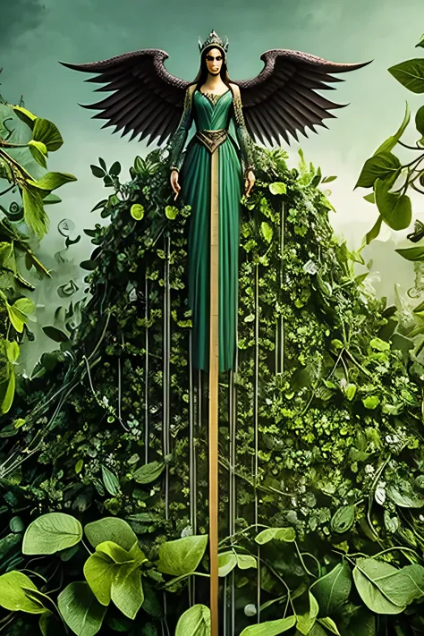 ultra-detailed masterpiece that shows the angel of protection, organic green armor, made with leaves, vines, mint leaves, sage l...