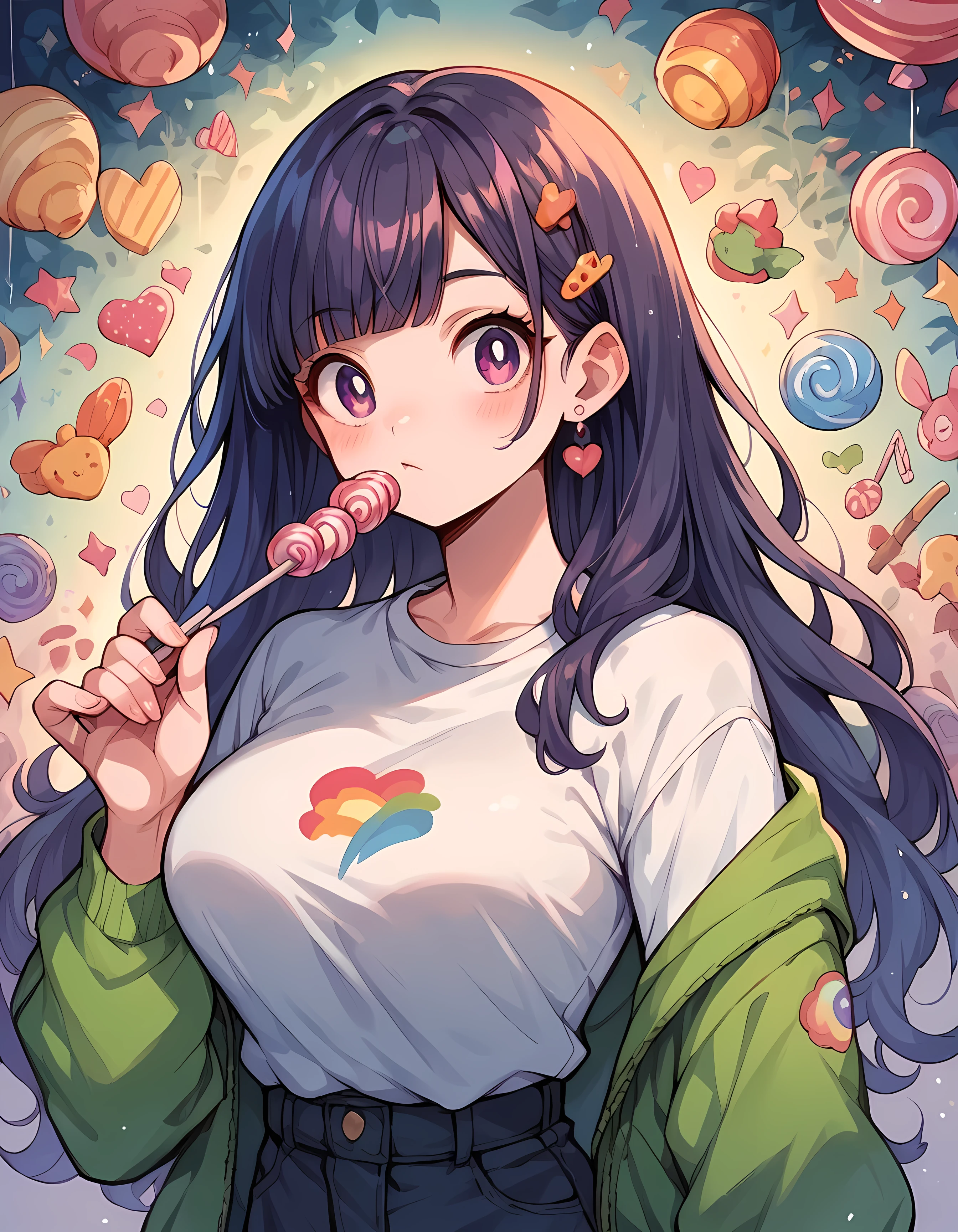 score_9, score_8_up, score_7_up, score_6_up, score_5_up, score_4_up, c0l0urc0r3, cute, bright colours, 1girl, long hair, harajuku, large breasts, candy, rainbow,