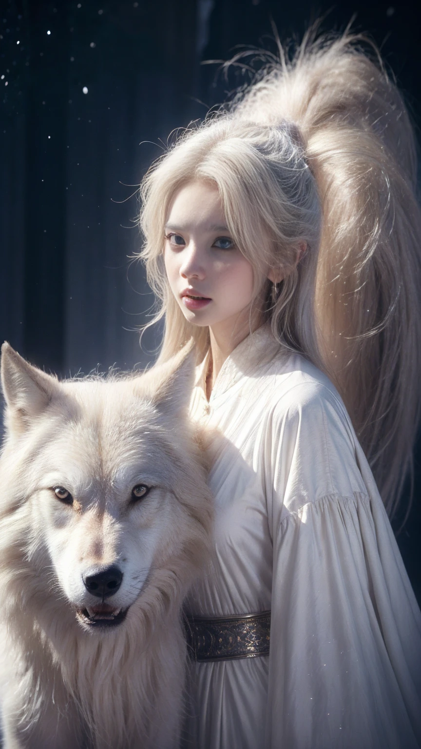 (highest quality、masterpiece、8k、Best image quality、Ultra-high resolution、Award-winning works)、A beautiful white-haired girl watches us from afar in the desert, Where light shines from the moon.、Ancient Islamic clothing、Beautiful face drawn in every detail, (a real wolf next to her)