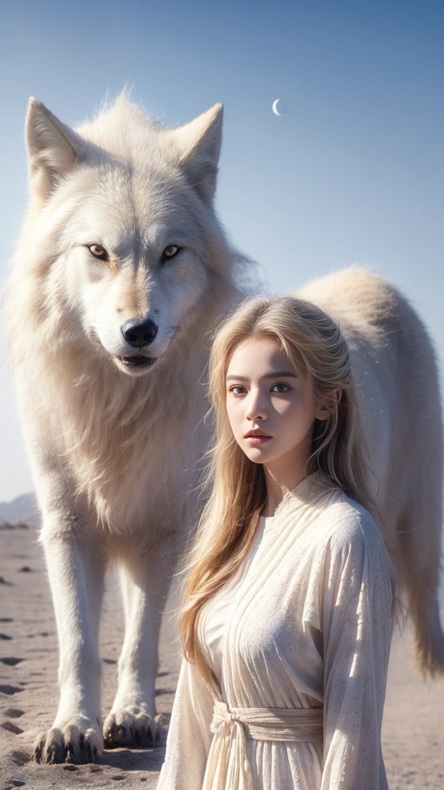 (highest quality、masterpiece、8k、Best image quality、Ultra-high resolution、Award-winning works)、A beautiful white-haired girl watches us from afar in the desert, Where light shines from the moon.、Ancient Islamic clothing、Beautiful face drawn in every detail, (a real wolf next to her)