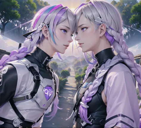 A couple(1 male, 1 woman with purple and white gradient double braids),Meet on a country road,Face to Face,四只眼睛Face to Face,Sunl...