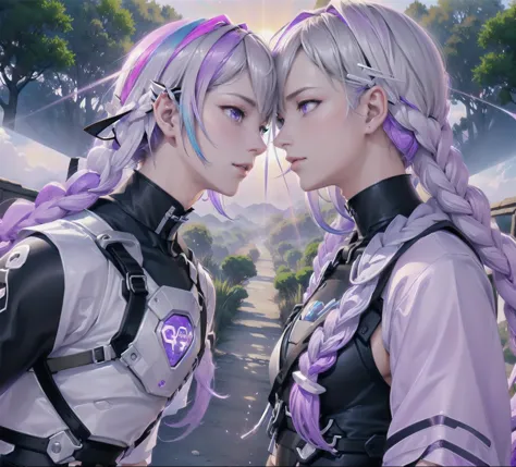 a couple(1 male, 1 woman with purple and white gradient double braids),meet on a country road,face to face,四只眼睛face to face,sunl...