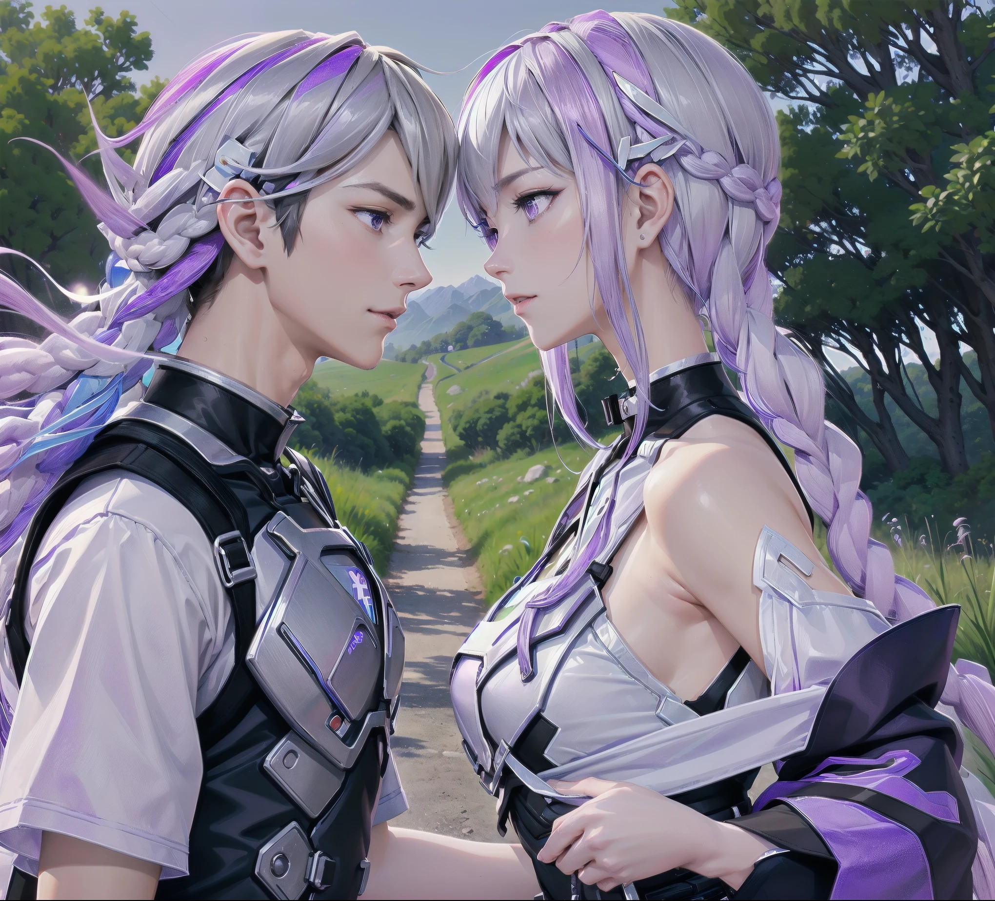 A couple(1 male, 1 woman with purple and white gradient double braids),Meet on a country road,Face to Face,Four eyesFace to face,Sunlight,Green fields and hills in the distance in the background,warmth,romantic,happiness