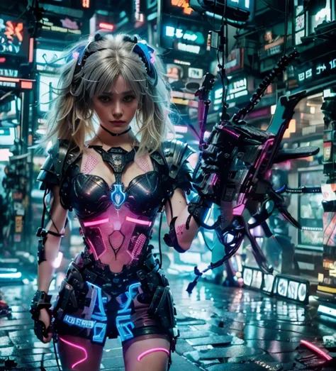 (photorealistic:1.4) 1 beautiful girl, (((cyberpunk grey armour technological with blue neon decourations))), ((blonde straight ...