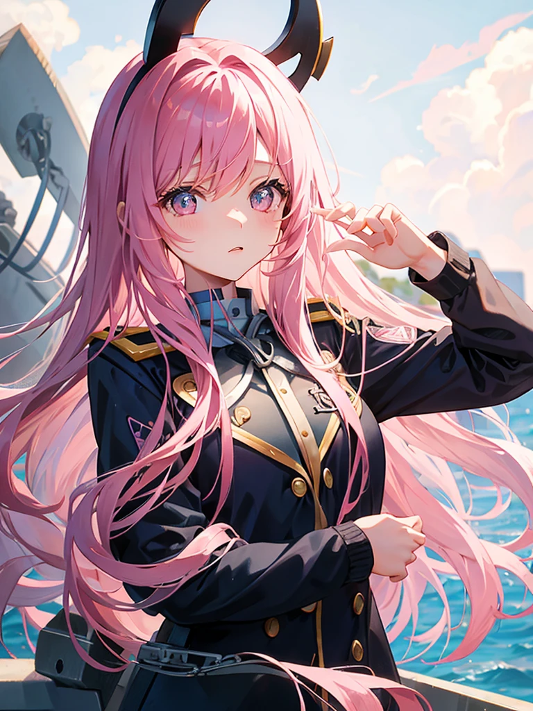 Pink hair long hair，beautiful girl，18-year-old，uniform，cute,In front of the giant anchor sculpture