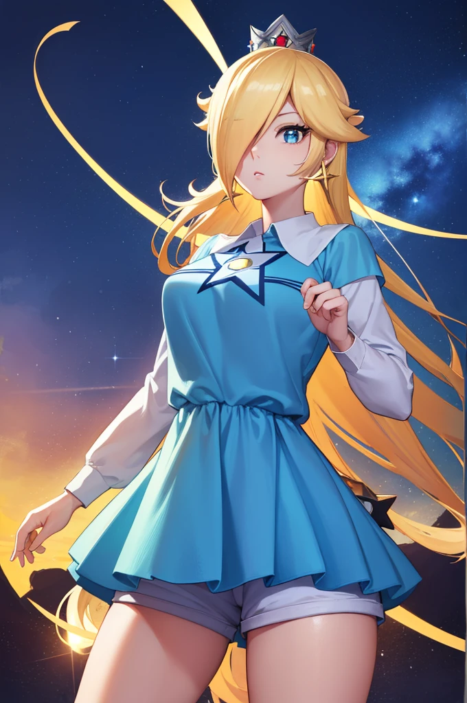 Rosalina, Rosalina, Blonde hair, blue eyes, hair over one eye, long hair, micro shorts, baseball shorts, blouse with star design, belly showing, crown, earrings, jewelry, princess, star earrings, BREAK night , night sky, sky , star\ (sky\), star \(symbol\), space, sun, BREAK looking at the viewer, (cowboy photo: 1.5), BREAK (art: 1.2), best quality, high resolution , 8k unity wallpaper, (art: 0.8), (beautiful detailed eyes: 1.6), extremely detailed face, perfect lighting, extremely detailed CG, (perfect hands, perfect anatomy),