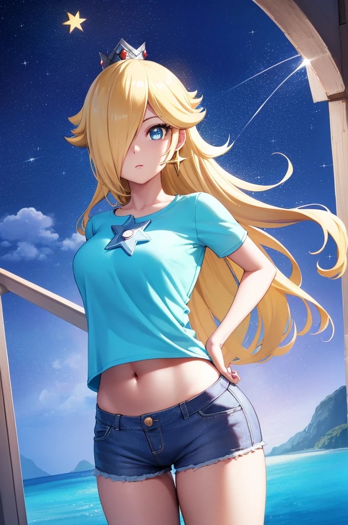 Rosalina, Rosalina, Blonde hair, blue eyes, hair over one eye, long hair, micro shorts, baseball shorts, blouse with star design, belly showing, crown, earrings, jewelry, princess, star earrings, BREAK night , night sky, sky , star\ (sky\), star \(symbol\), space, sun, BREAK looking at the viewer, (cowboy photo: 1.5), BREAK (art: 1.2), best quality, high resolution , 8k unity wallpaper, (art: 0.8), (beautiful detailed eyes: 1.6), extremely detailed face, perfect lighting, extremely detailed CG, (perfect hands, perfect anatomy),