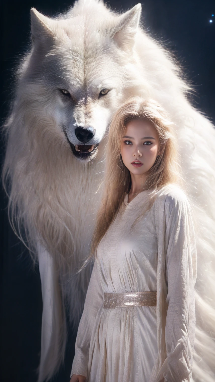 (highest quality、masterpiece、8k、Best image quality、Ultra-high resolution、Award-winning works)、A beautiful white-haired girl watches us from afar in the desert, Where light shines from the moon.、Ancient Islamic clothing、Beautiful face drawn in every detail, (a real wolf next to her)