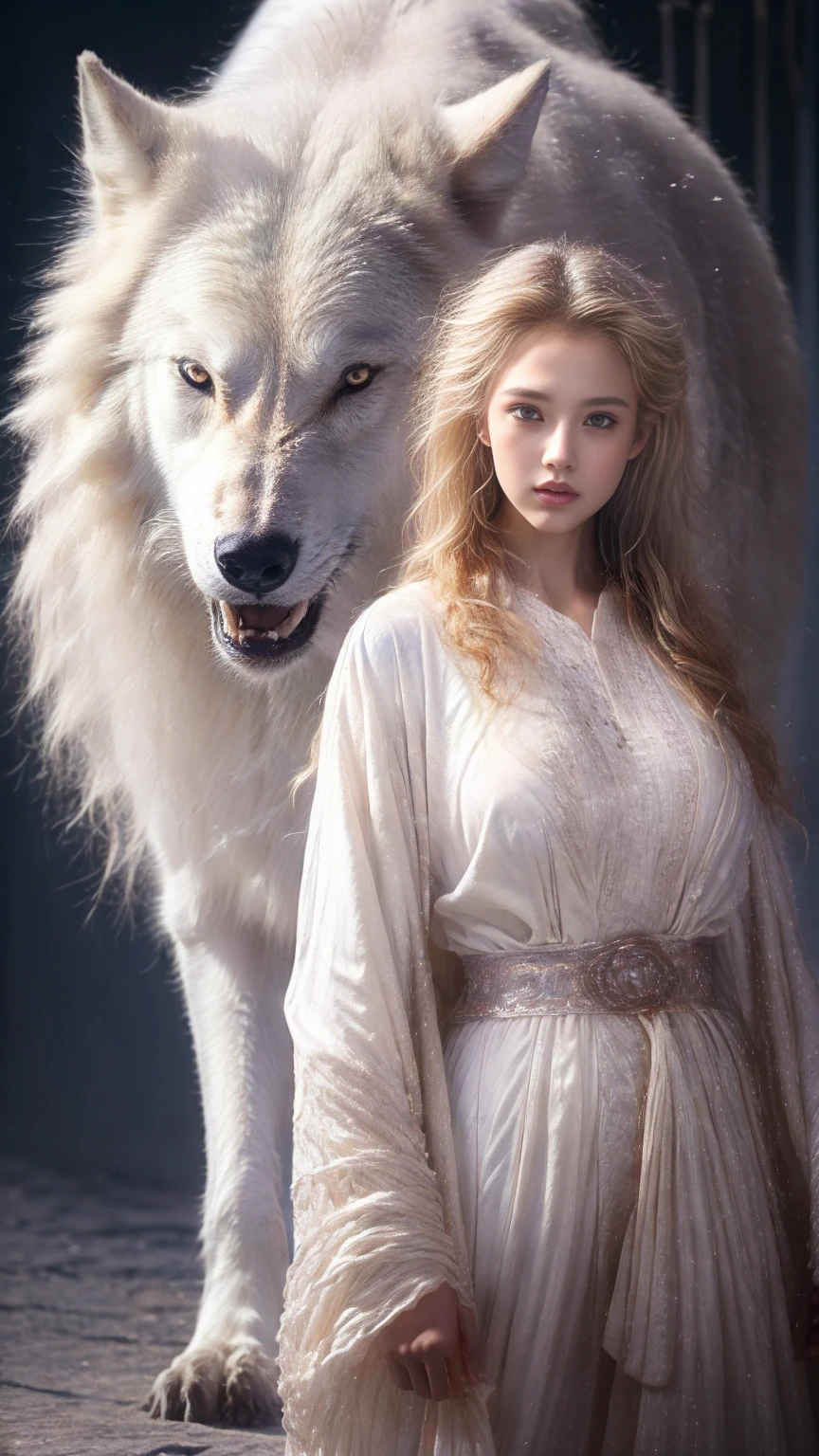 (highest quality、masterpiece、8k、Best image quality、Ultra-high resolution、Award-winning works)、A beautiful white-haired girl watches us from afar in the desert, Where light shines from the moon.、Ancient Islamic clothing、Beautiful face drawn in every detail, (a real wolf next to her)