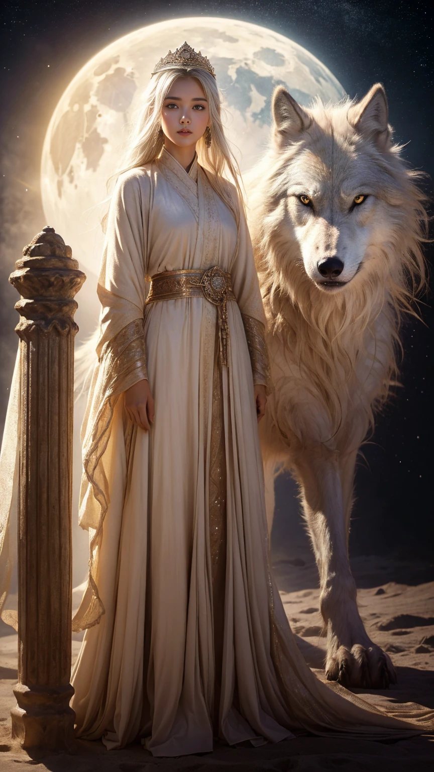 (highest quality、masterpiece、8k、Best image quality、Ultra-high resolution、Award-winning works)、A beautiful white-haired girl watches us from afar in the desert, Where light shines from the moon.、Ancient Islamic clothing、Beautiful face drawn in every detail, (a real wolf next to her)