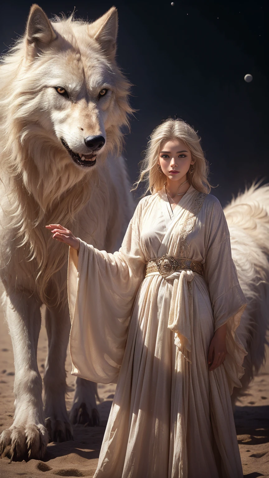 (highest quality、masterpiece、8k、Best image quality、Ultra-high resolution、Award-winning works)、A beautiful white-haired girl watches us from afar in the desert, Where light shines from the moon.、Ancient Islamic clothing、Beautiful face drawn in every detail, (a real wolf next to her)