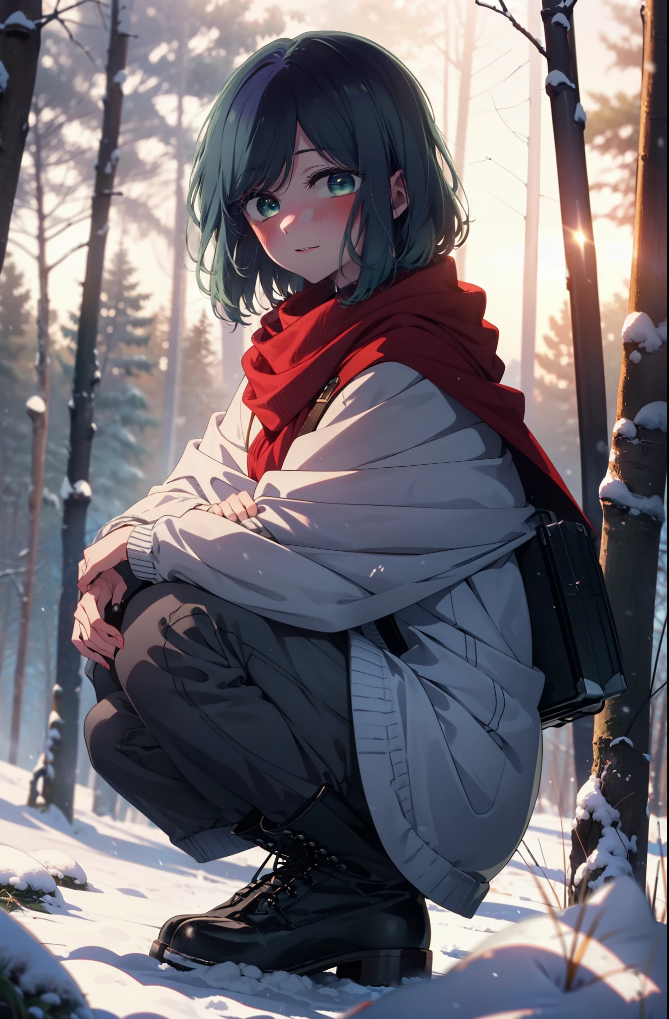 akanekurokawa, akane kurokawa, bangs, (Green Eyes:1.3), Blue Hair, Medium Hair, dark Blue Hair,smile,blush,White Breath,
Open your mouth,snow,Ground bonfire, Outdoor, boots, snowing, From the side, wood, suitcase, Cape, Blurred, , forest, White handbag, nature,  Squat, Mouth closed, Cape, winter, Written boundary depth, Black shoes, red Cape break looking at viewer, Upper Body, whole body, break Outdoor, forest, nature, break (masterpiece:1.2), highest quality, High resolution, unity 8k wallpaper, (shape:0.8), (Beautiful and beautiful eyes:1.6), Highly detailed face, Perfect lighting, Extremely detailed CG, (Perfect hands, Perfect Anatomy),